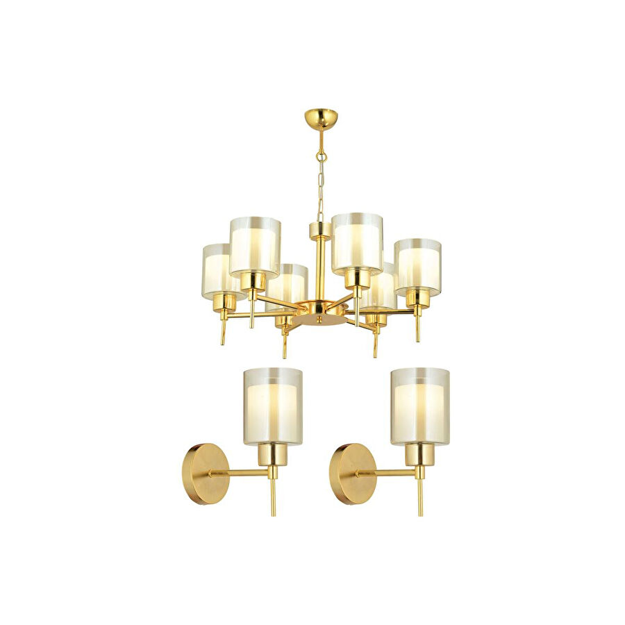 Apliqa Cemre 6 Lı Gold Modern Tasarım Yatak Odası Salon Avize-aplik Seti 3 Parça Avize-aplik Seti Seti