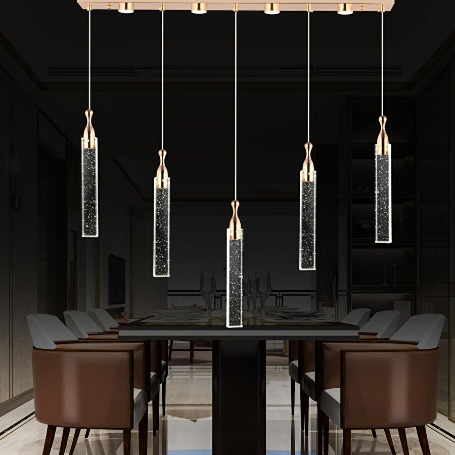 Apliqa Klaus 5'li Sıralı 3 Renkli 75 Watt Gold Kristal Ledli Modern Oturma Odası Salon Sarkıt Avize