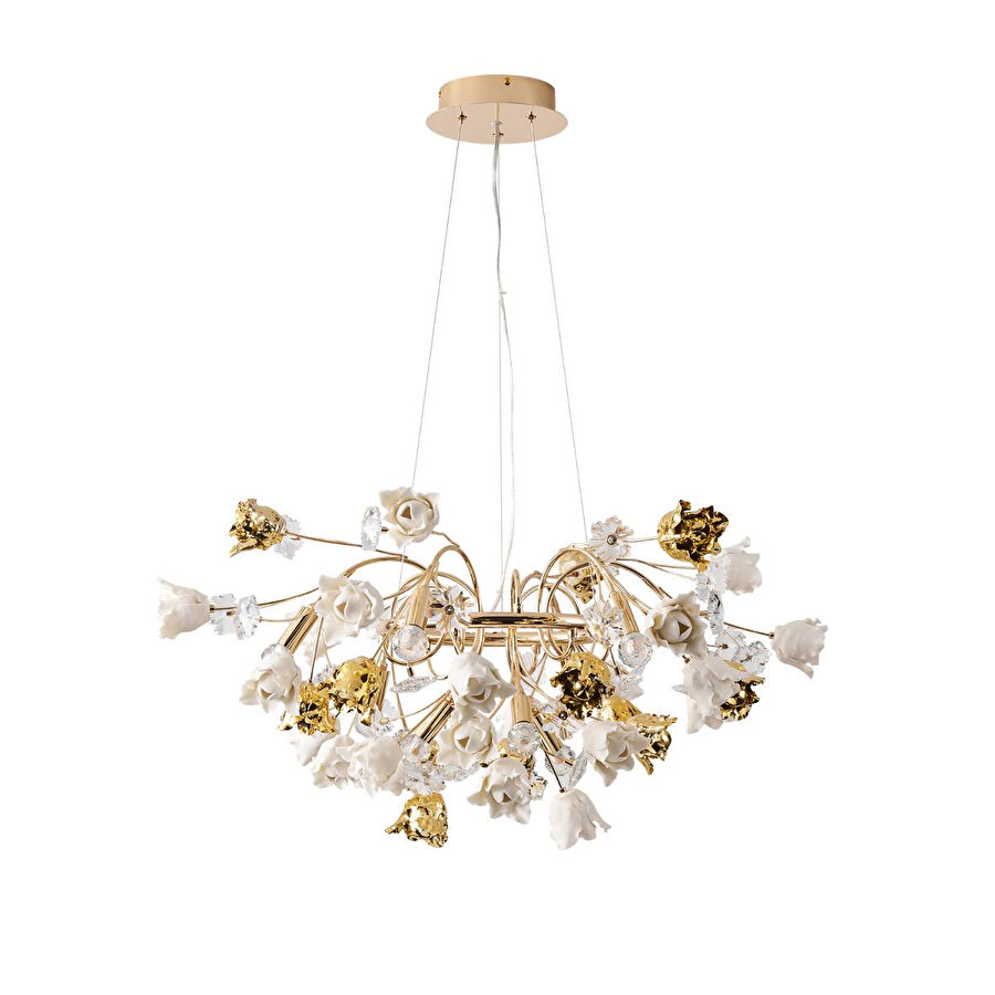 Apliqa Faxon 9'lu Gold Çiçek Desenli Modern Yuvarlak Sarkıt Salon Avize