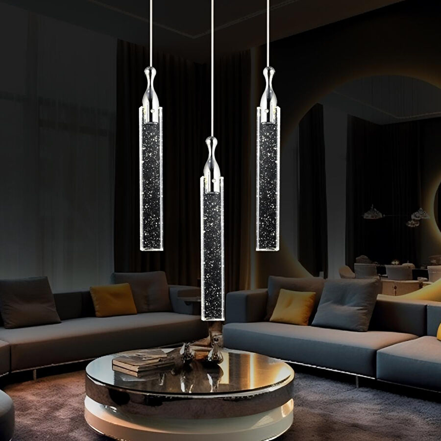 Apliqa Klaus 3'lü Yuvarlak 3 Renkli 48 Watt Krom Kristal Ledli Modern Oturma Odası Salon Sarkıt Avize