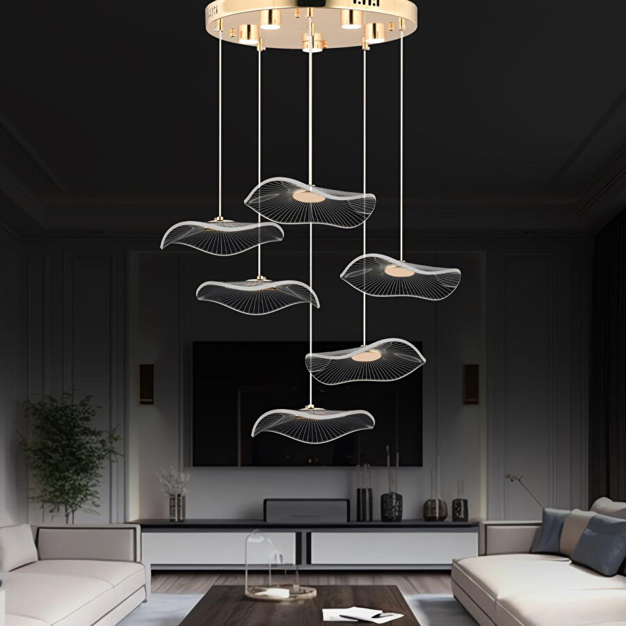 Apliqa Jolie 6'lı Yuvarlak 3 Renkli 61 Watt Gold Kristal Ledli Modern Oturma Odası Salon Sarkıt Avize