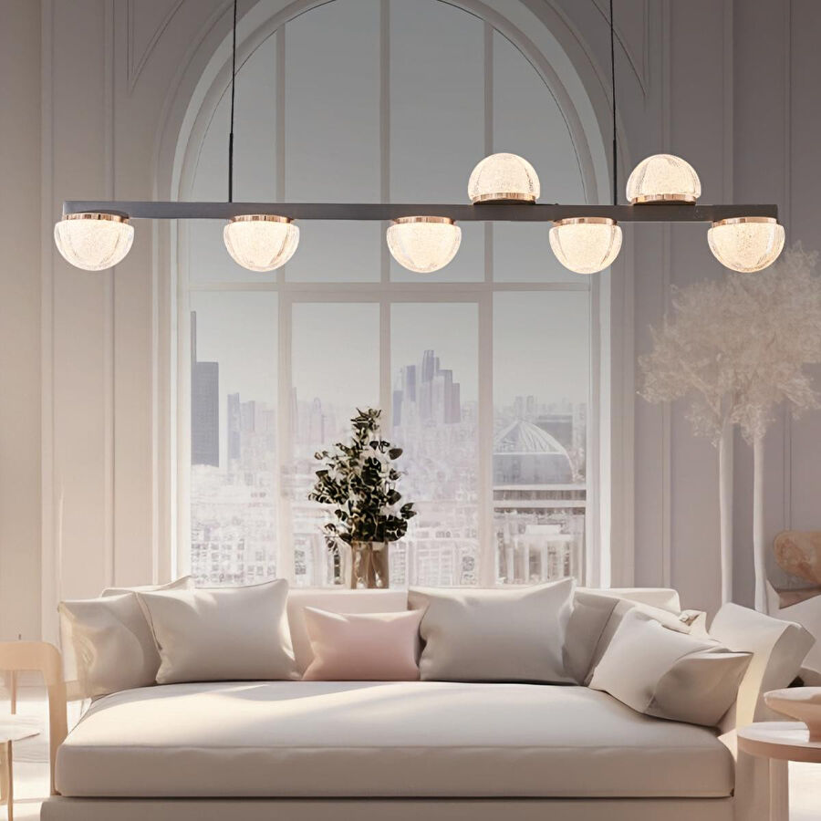 Apliqa Derem 7li Sıralı Siyah Gold 80 Watt Kristal Taşlı Salon Led Sarkıt Avize