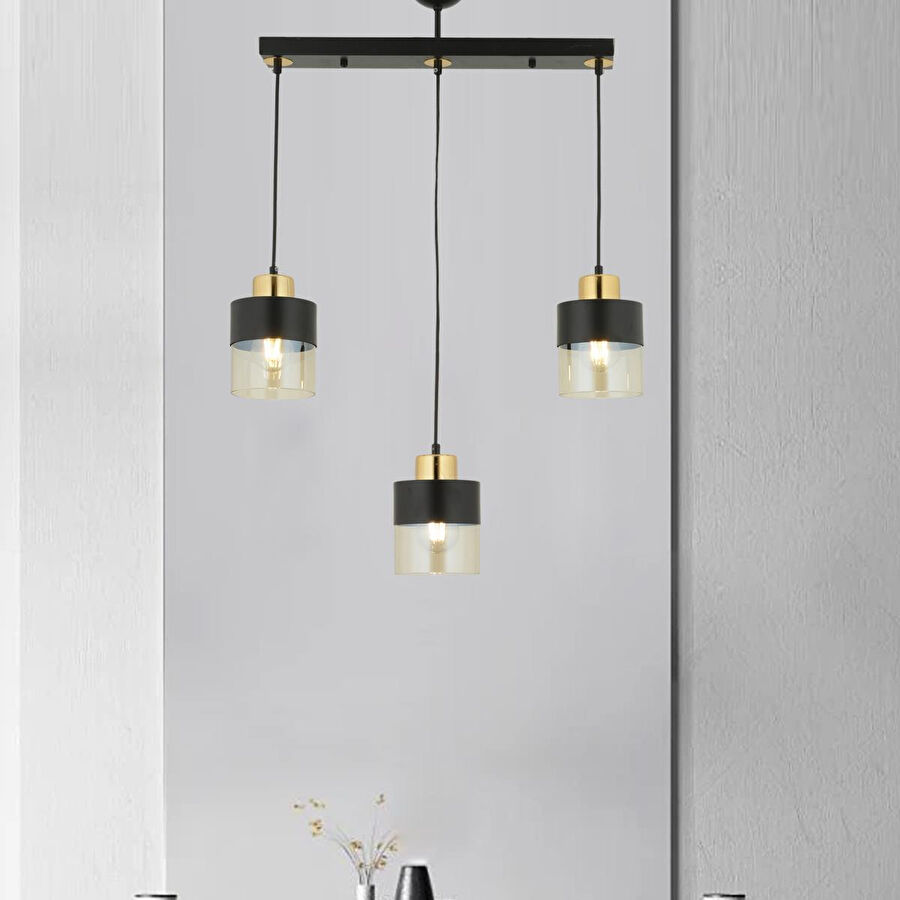 Apliqa Boris 3lü Sıralı Siyah Gold Sarkıt Modern Genç Odası Mutfak Retro Salon Avize