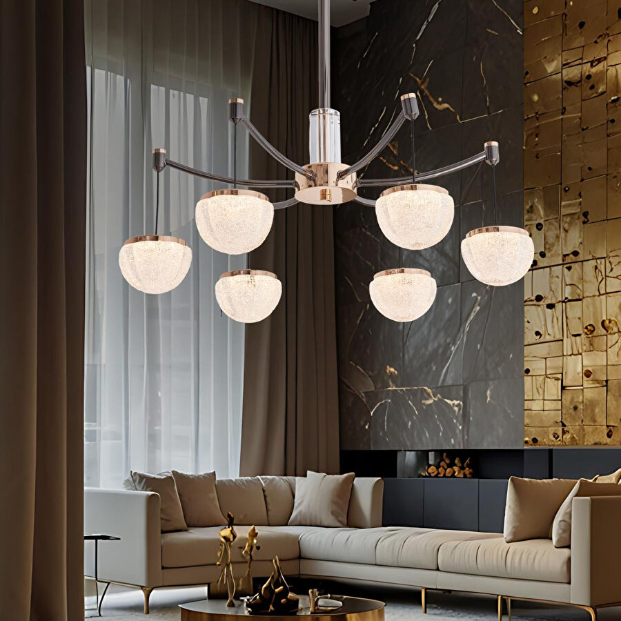 Apliqa Derem 6lı Siyah Gold 80 Watt Yuvarlak Kristal Taşlı Salon Led Sarkıt Avize