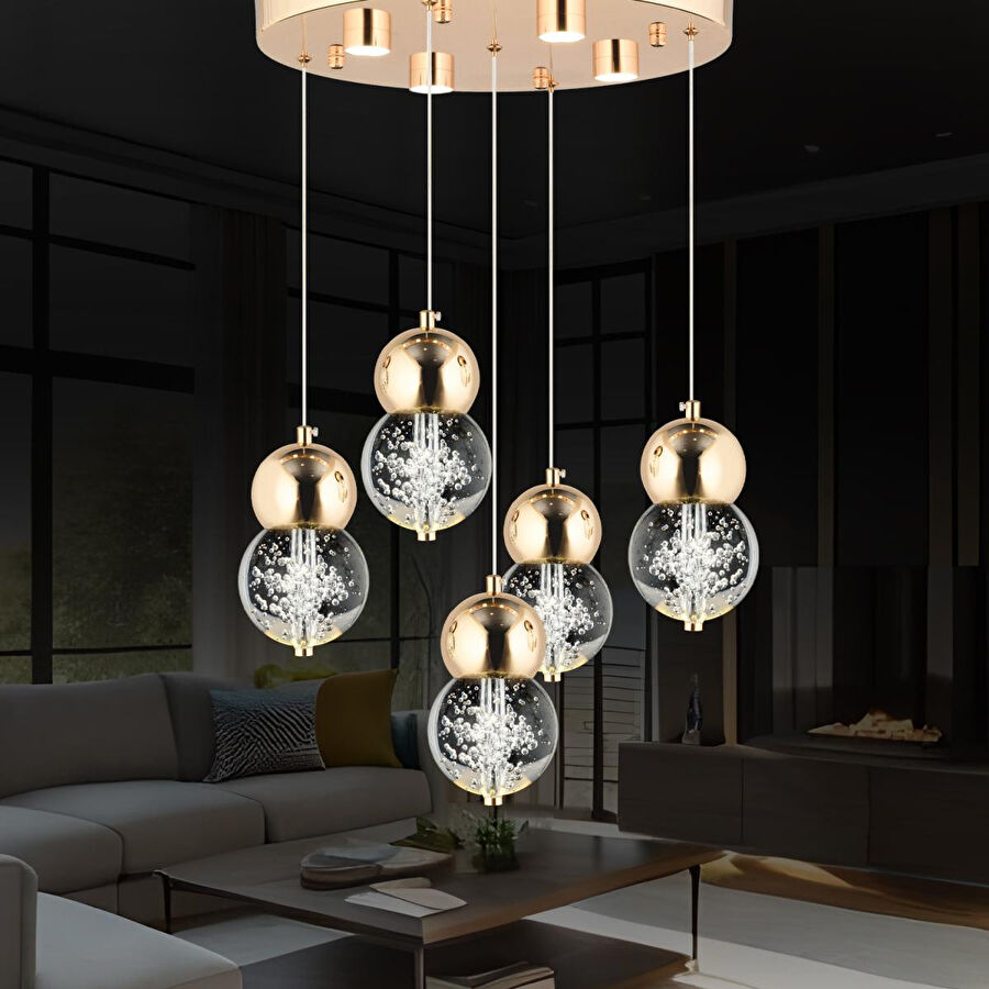 Apliqa Sasha 5'li Yuvarlak 3 Renkli 57 Watt Gold Kristal Ledli Modern Oturma Odası Salon Sarkıt Avize