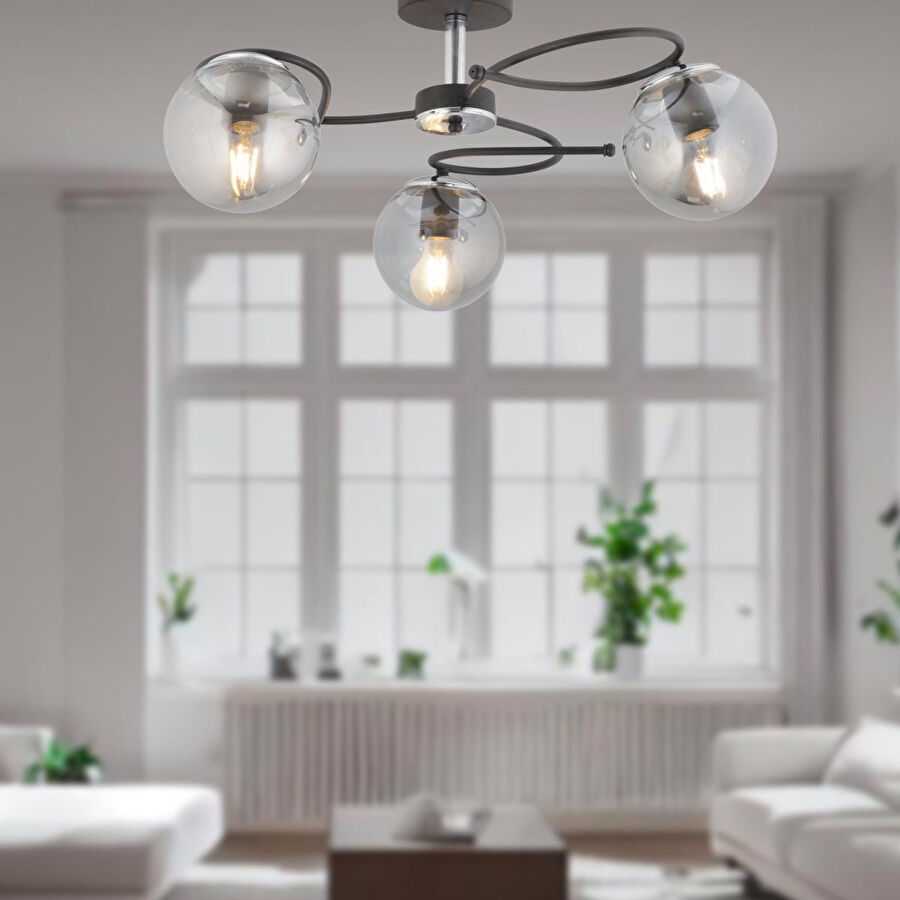 Apliqa Rodonit 3lü Siyah Krom Füme Camlı Modern Sarkıt Genç Odası Yatak Odası Retro Salon Avize