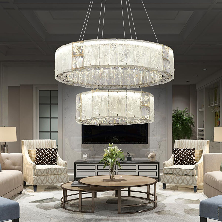 Apliqa Rocco 2 Katlı 3 Renkli Ledli 64 Watt Gold Kaplamalı Kristal Taşlı Sarkıt Led Salon Avize