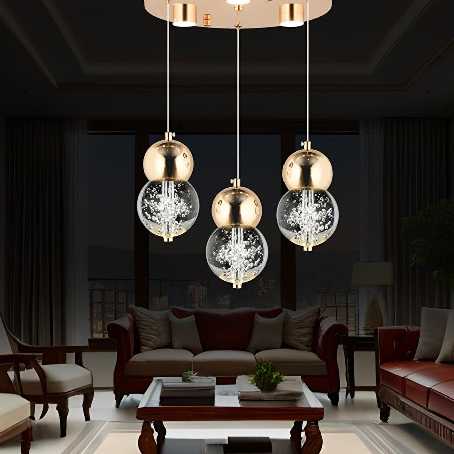 Apliqa Sasha 3'lü Yuvarlak 3 Renkli 48 Watt Gold Kristal Ledli Modern Oturma Odası Salon Sarkıt Avize