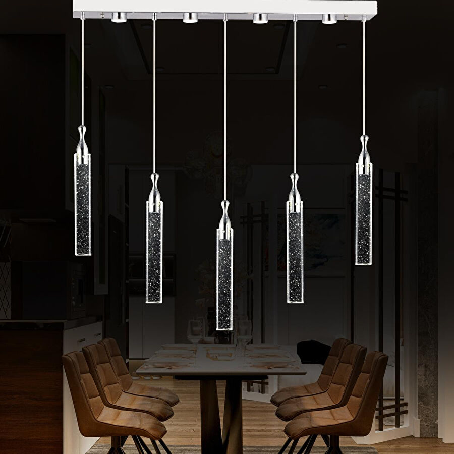 Apliqa Klaus 5'li Sıralı 3 Renkli 75 Watt Krom Kristal Ledli Modern Oturma Odası Salon Sarkıt Avize