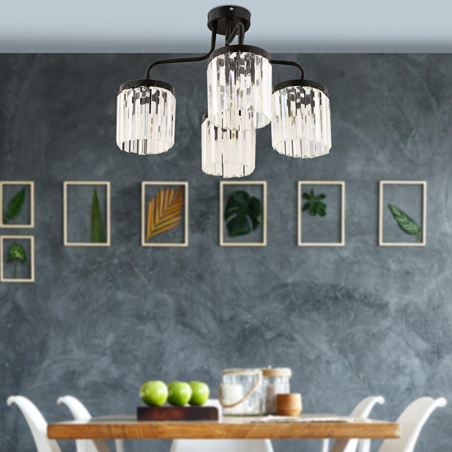 Apliqa Ayan 4lü Siyah Kristalli Taşlı Modern Tasarım Kristal Salon Avize