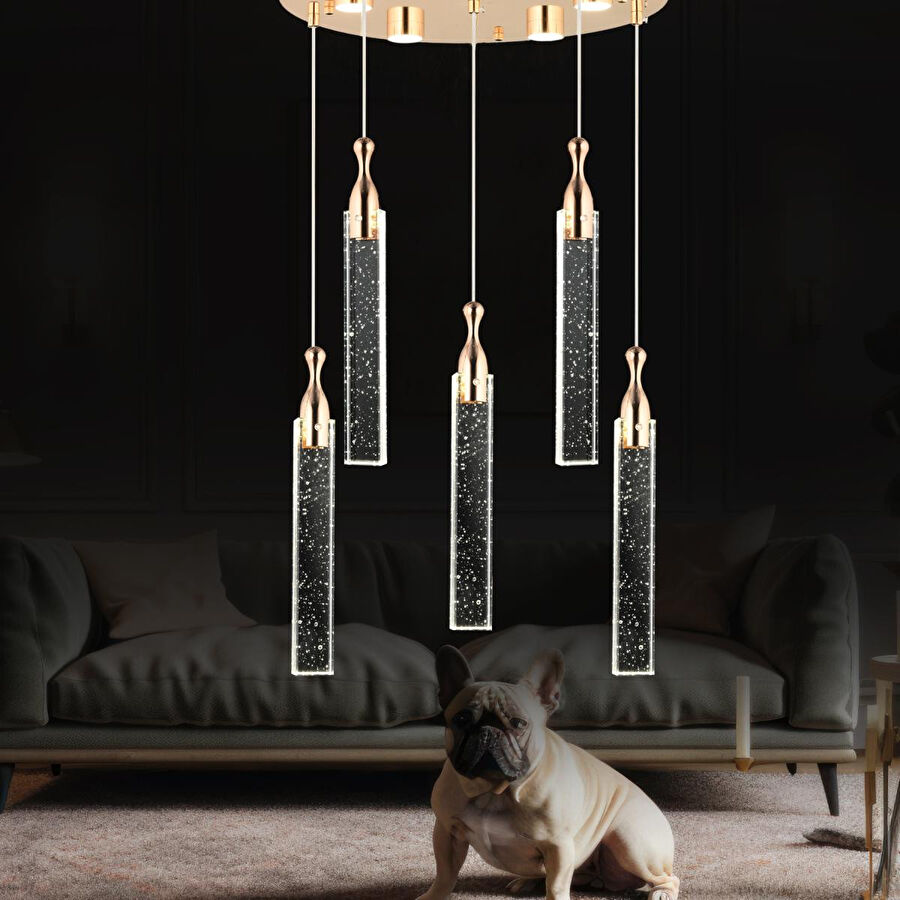 Apliqa Klaus 5'li Yuvarlak 3 Renkli 75 Watt Gold Kristal Ledli Modern Oturma Odası Salon Sarkıt Avize