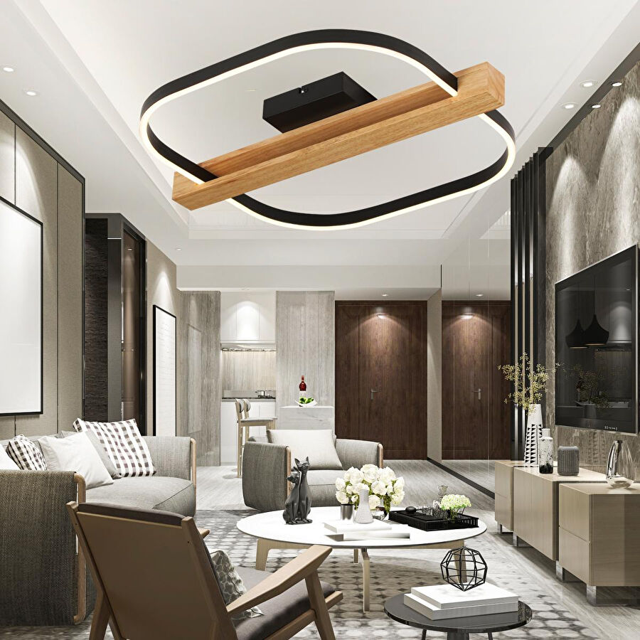 Apliqa Asrın Siyah Tekli Kare 58 Watt Plafonyer Ahşap Desenli Modern Salon Led Avize