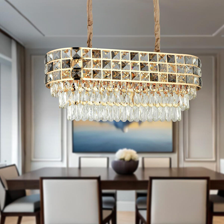 Apliqa Orrel 10'lu Sıralı Gold Kristal Taşlı Modern Yemek Odası Salon Sarkıt Avize