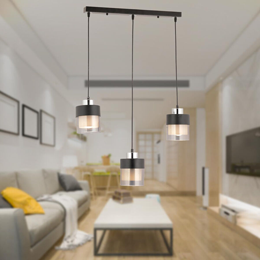 Apliqa Boris 3 Lü Sıralı Siyah-krom Sarkıt Modern Genç Odası Mutfak Salon Sarkıt Avize