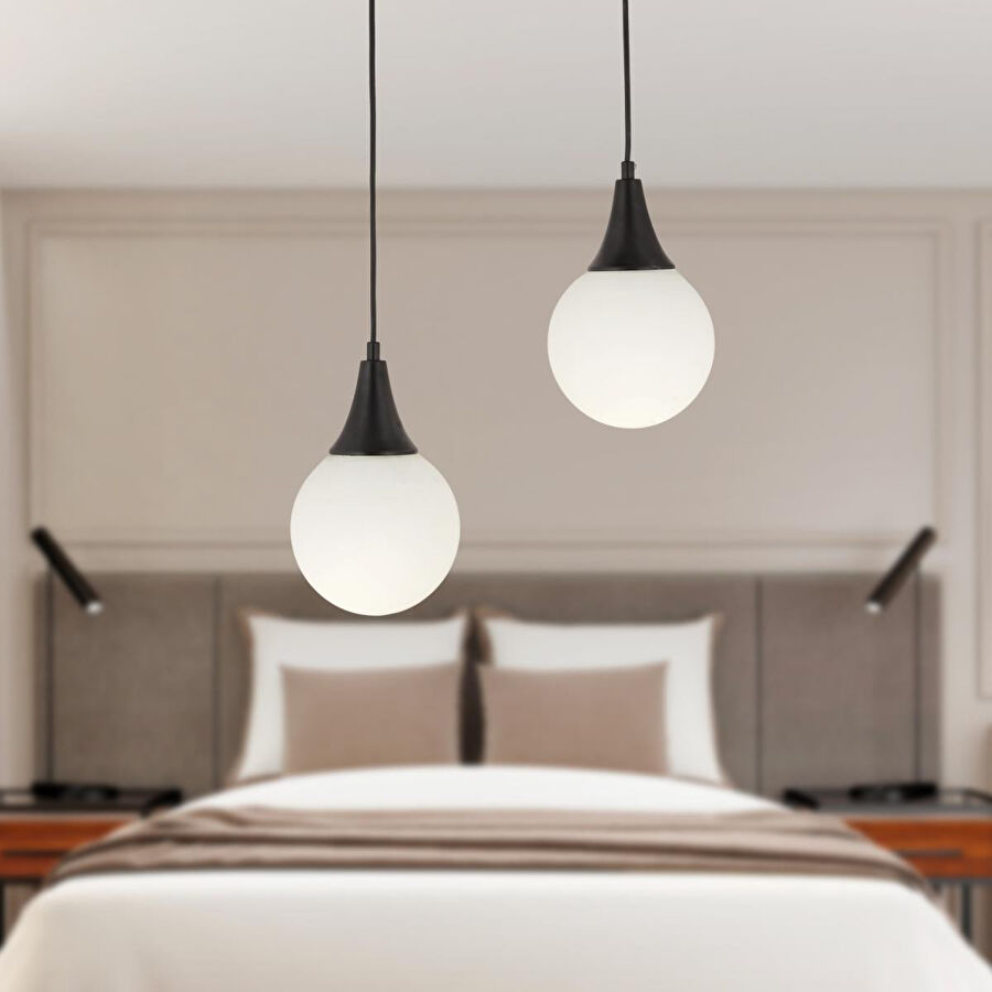 Apliqa Damla 2li Yuvarlak Siyah Beyaz Camlı Sarkıt Modern Genç Odası Mutfaksalon Avize