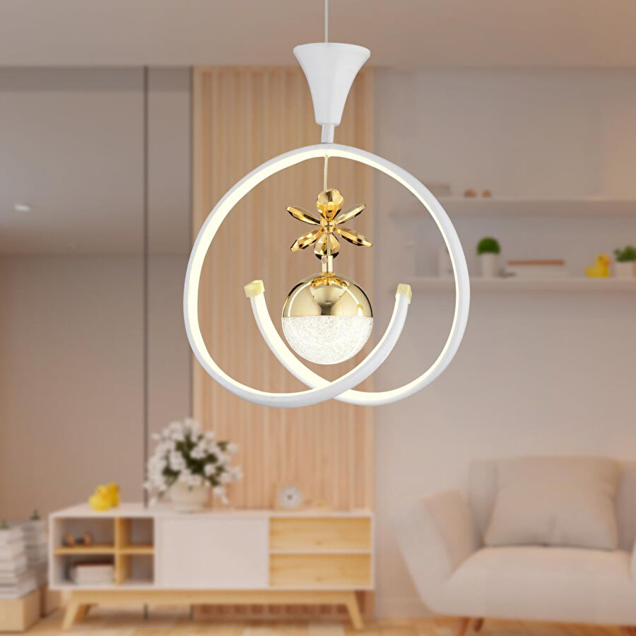 Apliqa Mengü Tekli Beyaz Gold 3 Renkli 36 Watt Ledli Modern Oturma Odası, Koridor, Salon Led Avize