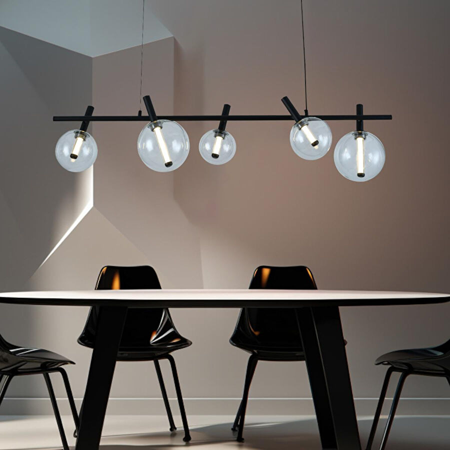 Apliqa Neval 5'li Sıralı Siyah Gold 7 Watt Yemek Masası Üstü, Salon Sarkıt Avize