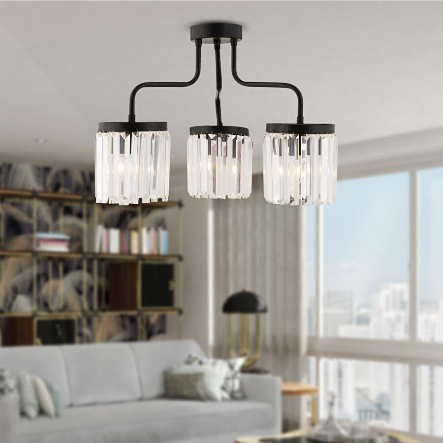 Apliqa Ayan 3lü Siyah Kristalli Taşlı Modern Tasarım Kristal Salon Avize