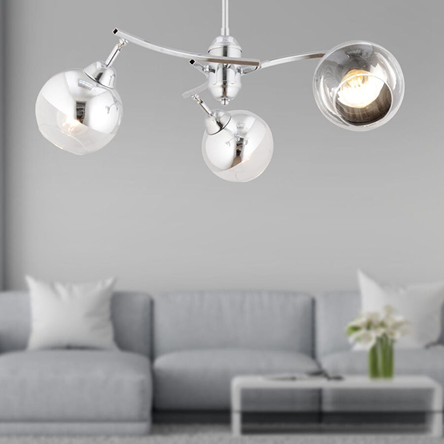 Apliqa Abbey 3'lü Krom Rengi Krom Camlı Yuvarlak Modern Oturma Odası Spot Salon Avize