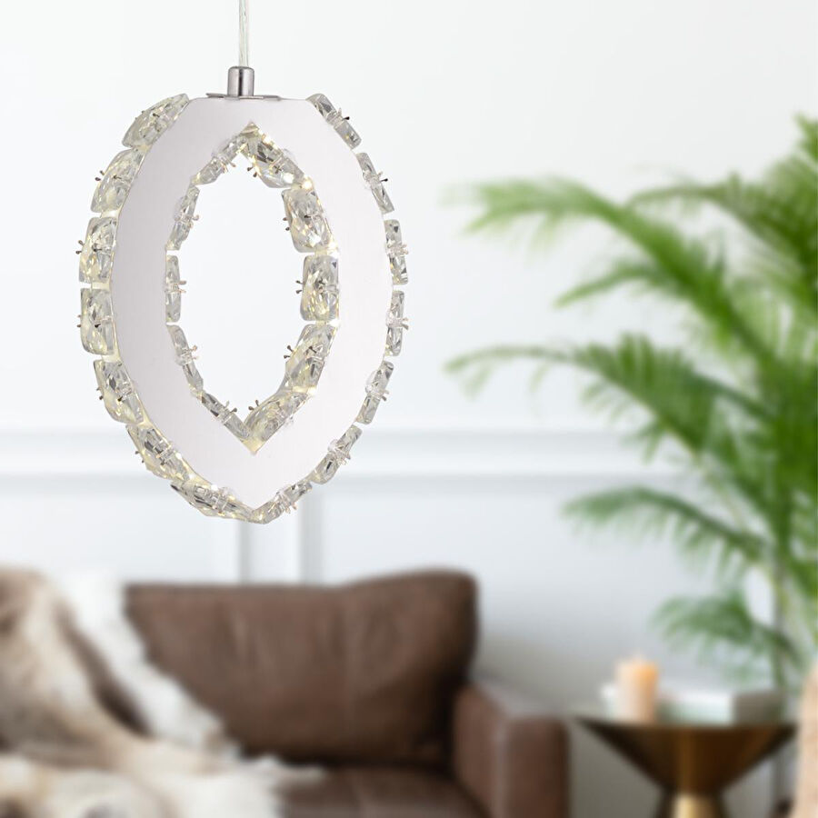 Apliqa Wicker 40 Watt Tekli Krom Ledli 3 Renkli Sarkıt Kristalli Taşlı Modern Tasarım Led Kristal Salon Avize