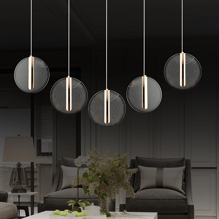 Apliqa Dustin 5'li Sıralı 3 Renk 75 Watt Gold Kristal Ledli Modern Oturma Odası Salon Sarkıt Avize