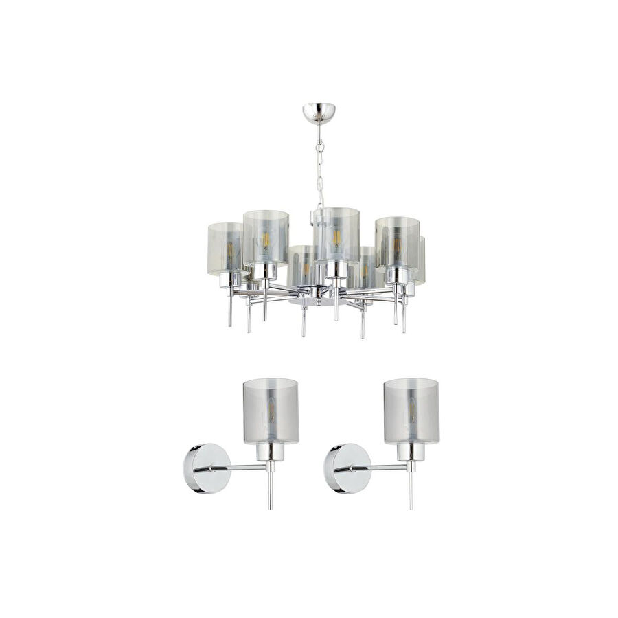 Apliqa Cemre 8'li Krom Modern Tasarım Yatak Odası Salon Avize-aplik Seti 3 Parça Avize-aplik Seti Seti