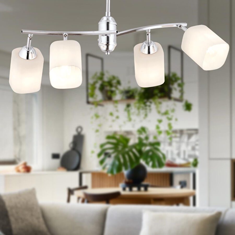 Apliqa Abbey 4'lü Krom Beyaz Camlı Yuvarlak Modern Oturma Odası Salon Spot Avize