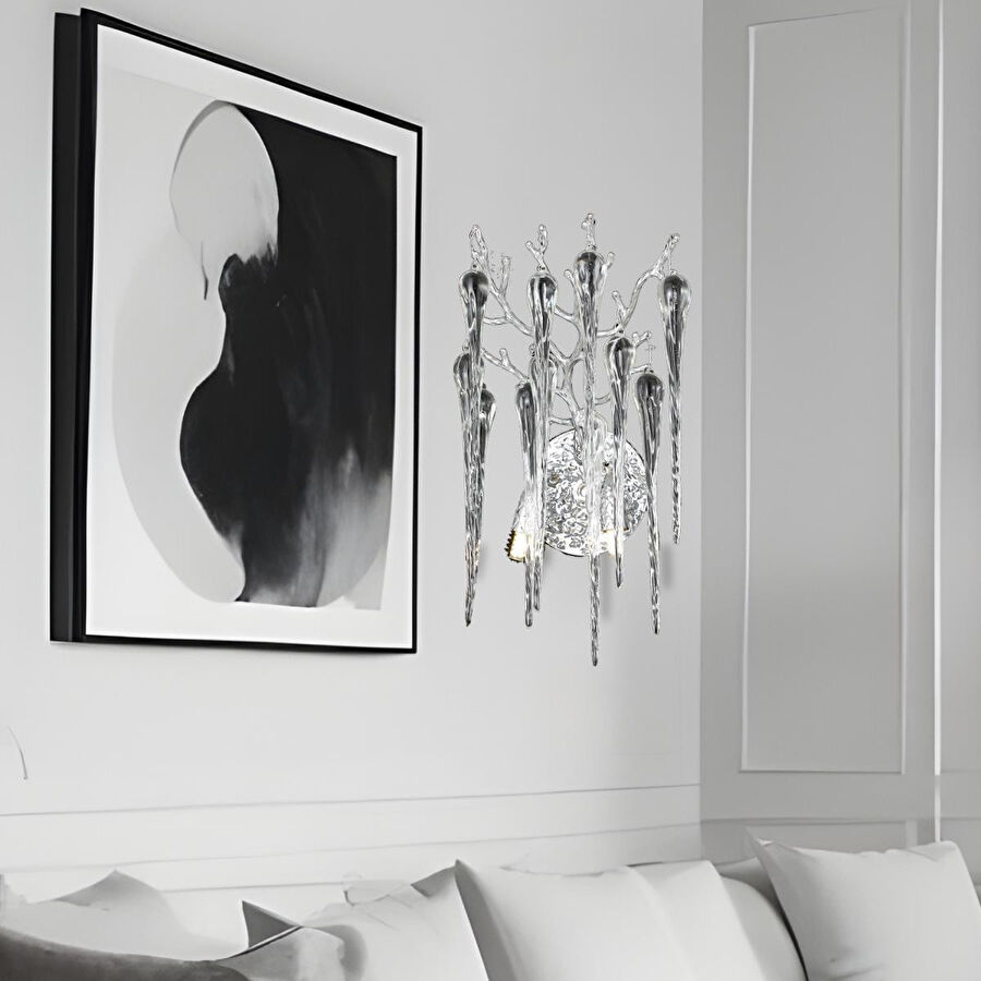 Apliqa Laura Krom Kristal Taşlı Modern Tasarım Su Damlası Taşlı Duvar Lambası Salon Aplik