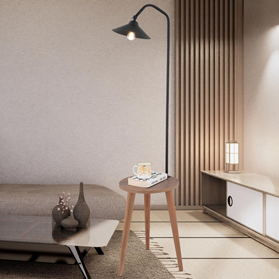 Apliqa Clifferd Siyah Başlıklı Ahşap Sehpalı Modern Ayaklı Abajur Lamba Ahşap Lambader