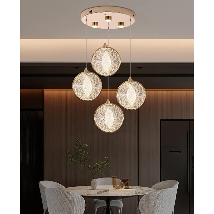 Apliqa Edward 4'lü 42 Watt Yuvarlak Gold Ledli Modern Salon Avize