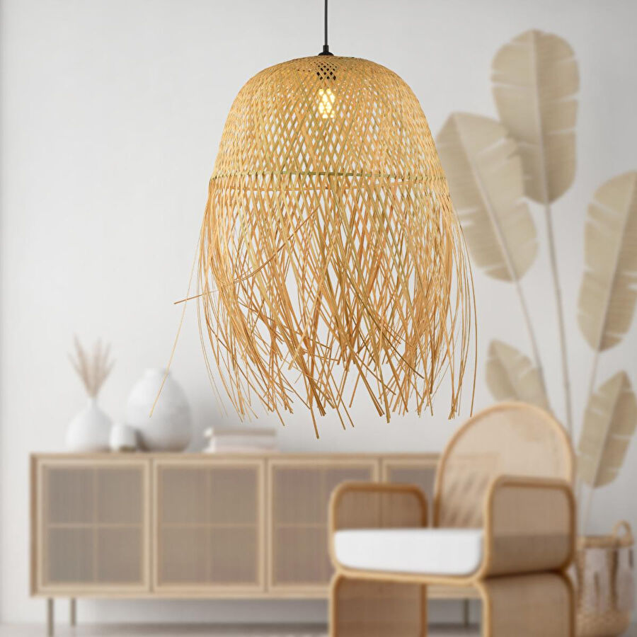 Apliqa Adolf Tekli Rattan Modern Tasarım Hazeran Avize Oturma Odası Bambu Avize