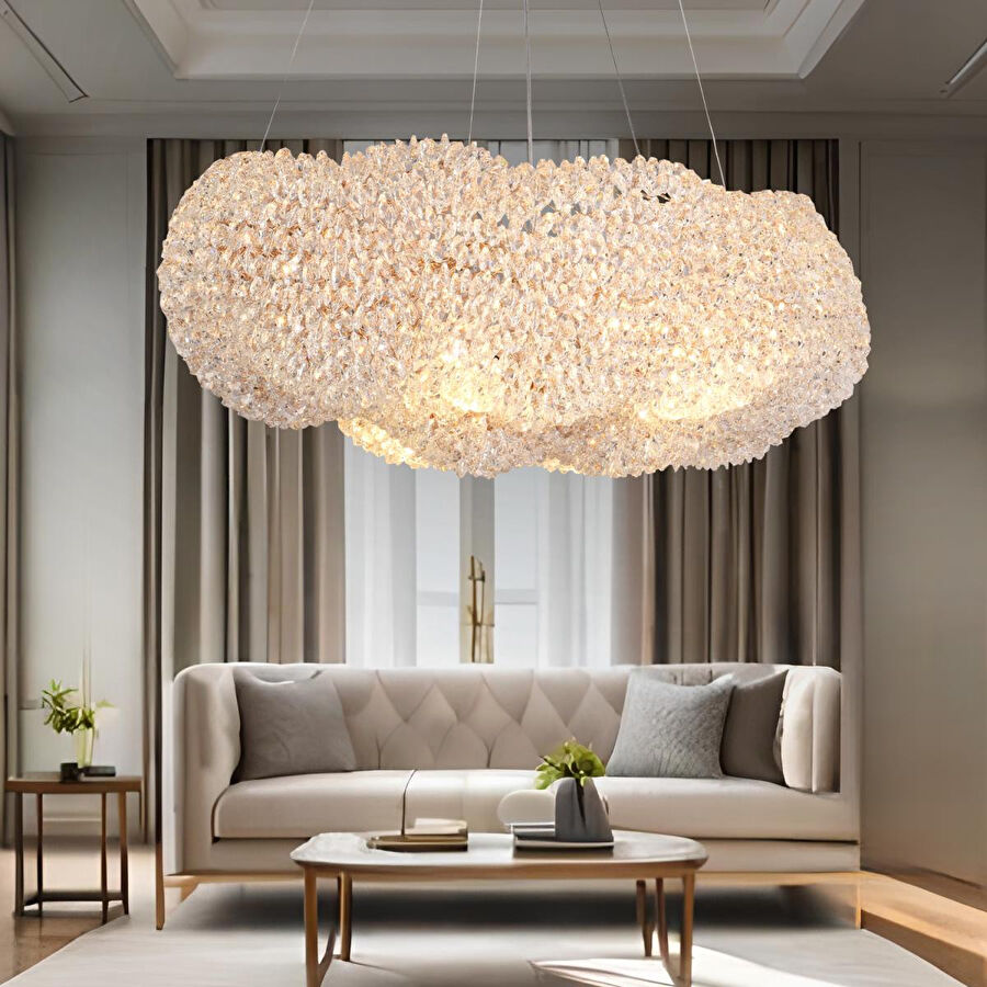 Apliqa Pansy 60 Lik Bulut Gold Kaplamalı Modern Tasarım Salon Kristal Sarkıt Avize
