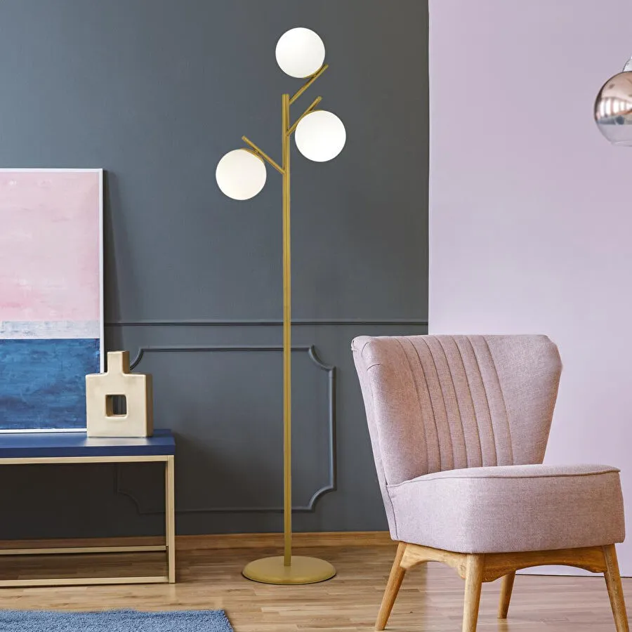 Apliqa Renji 3lü Gold Boyalı Beyaz Camlı Modern Tasarım Metal Lambader