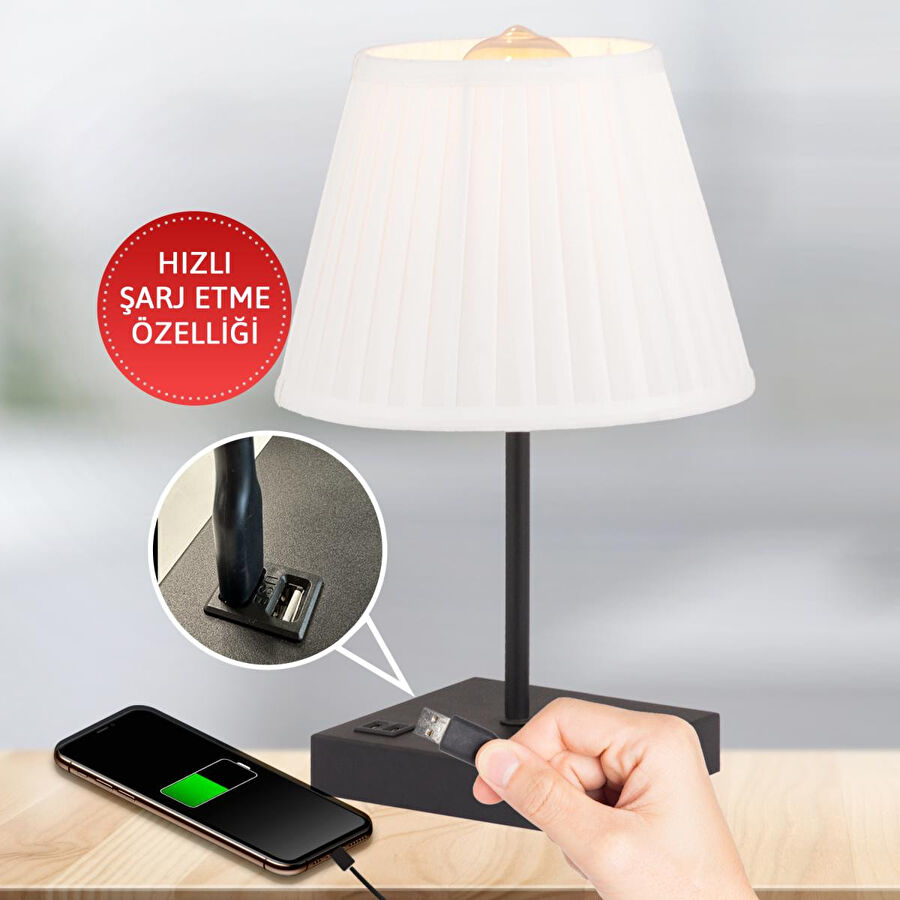 Apliqa Edel Usb Girişli Hızlı Telefon Şarj Edilebilir Beyaz Şapkalı Siyah Masa Lambası Abajur
