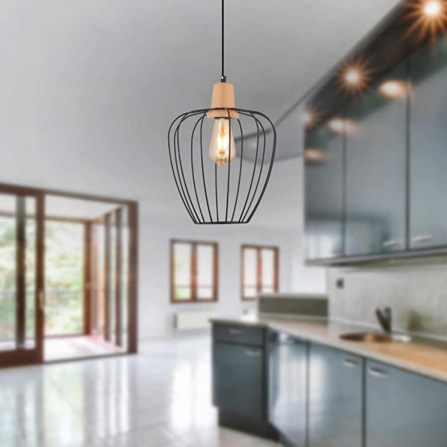 Apliqa Denis Tekli Siyah Telli Ahşap Duylu Modern Koridor, Yatak Odası, Salon Sarkıt Avize