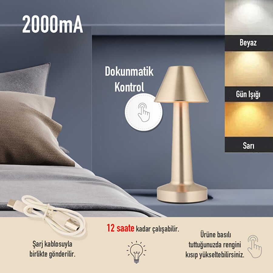 Apliqa Percy Nikel Şarjlı Dokunmatik Dim Edilebilir 3 Renkli Masa Lambası 2000ma Pil Gücü Ile 7 Saat