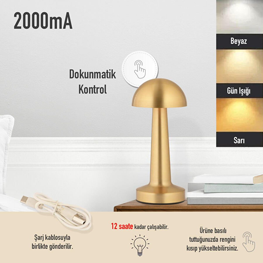 Apliqa Orvin Eskitme Şarjlı Dokunmatik Dim Edilebilir 3 Renkli Masa Lambası 2000ma Pil Gücü Ile 7 Saat