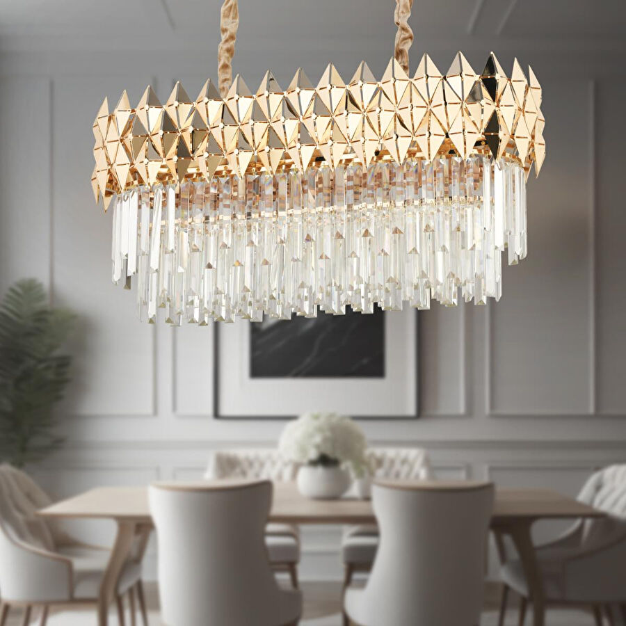 Apliqa Rodya 80'lik Sıralı Gold Kristal Taşlı Modern Yemek Odası Salon Sarkıt Avize