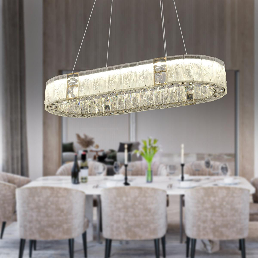 Apliqa Rocco Elips 3 Renkli Ledli 49 Watt Gold Kaplamalı Kristal Taşlı Sarkıt Led Salon Yemek Masa Üstü Avize