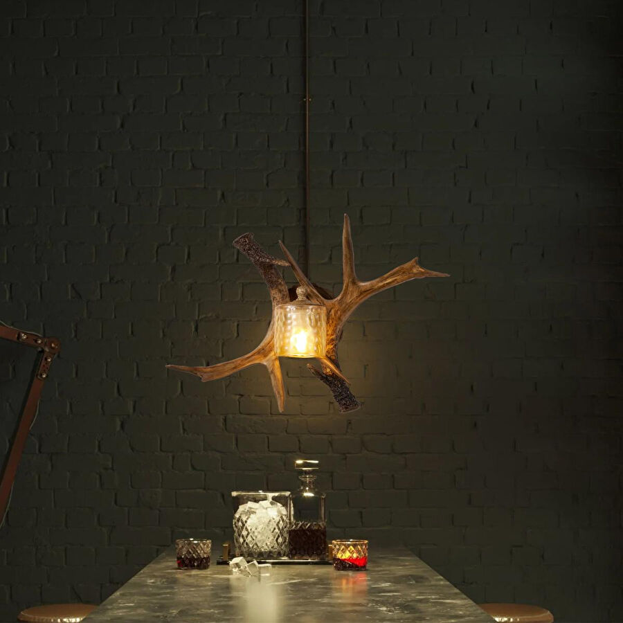 Apliqa Zoye Ahşap Geyik Boynuzu Desenli Modern Kafe Restoran. Salon Aplik