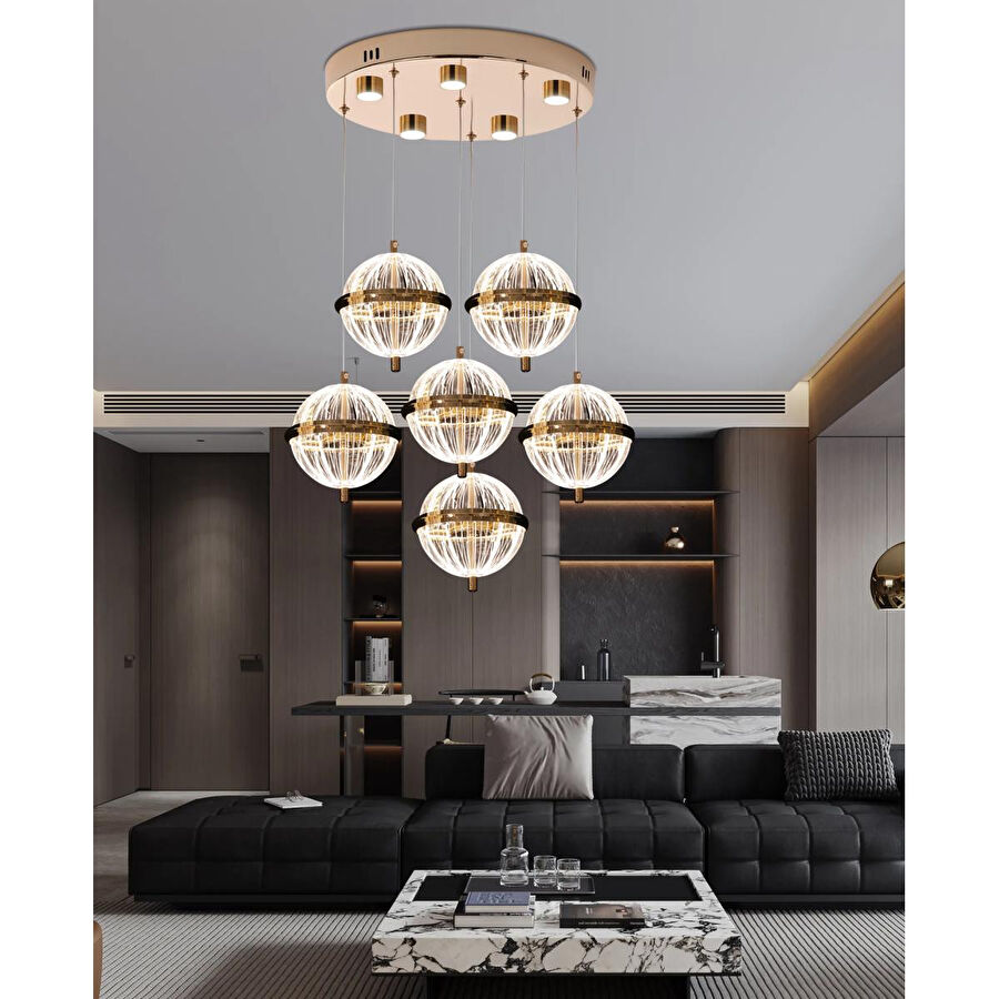 Apliqa Barkın 6'lı 40 Watt Yuvarlak Gold Ledli Modern Salon Avize
