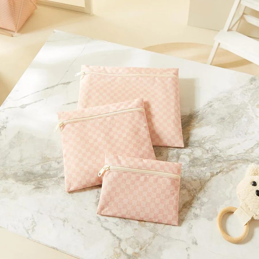 Ocean Home Textile 3'lü Su Geçirmez Pvc Astarlı Pembe Dama Desen Islak Kuru Çantası 20 X 13 / 24 X 20 / 30 X 24 Cm