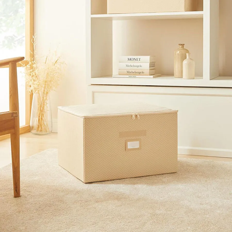 Ocean Home Textile Bej Balıksırtı Destekli Kutu Hurç 48 X 40 X 30 Cm