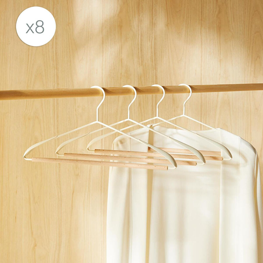 Ocean Home Textile 8'li Ahşap Destekli Omuz Formlu Beyaz Renk Kauçuk Kaplamalı Metal Giysi Askısı 21.5 X 42 X 0.5 Cm