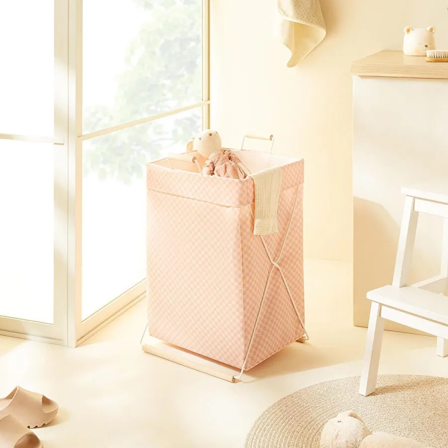Ocean Home Textile Katlanabilir Metal Destekli Beyaz Renk Pembe Dama Desen Çamaşır Sepeti 36 X 33 X 60 Cm