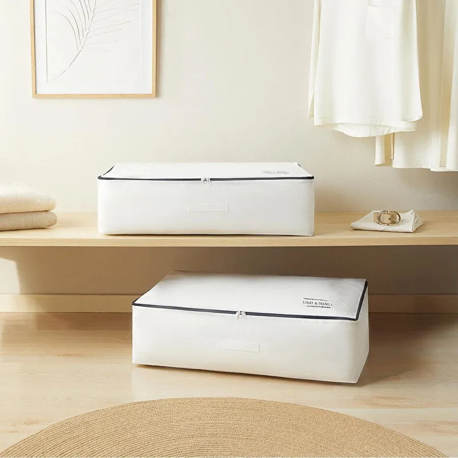 Ocean Home Textile 2'li Mega Boy Lacivert Fermuarlı Beyaz Renk Stuff & Things Baza Altı Hurç Set 74 X 46 X 22 Cm