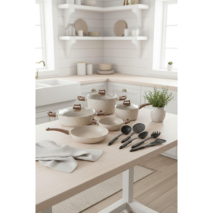 Bernardo Marcel 13 Parça Granit Tencere Seti Krem