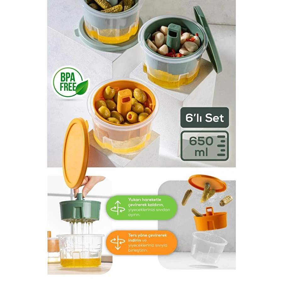 Vienev 6'lı Renkli Sunumluk Zeytin Turşu Peynir Çok Amaçlı Saklama Kabı Seti