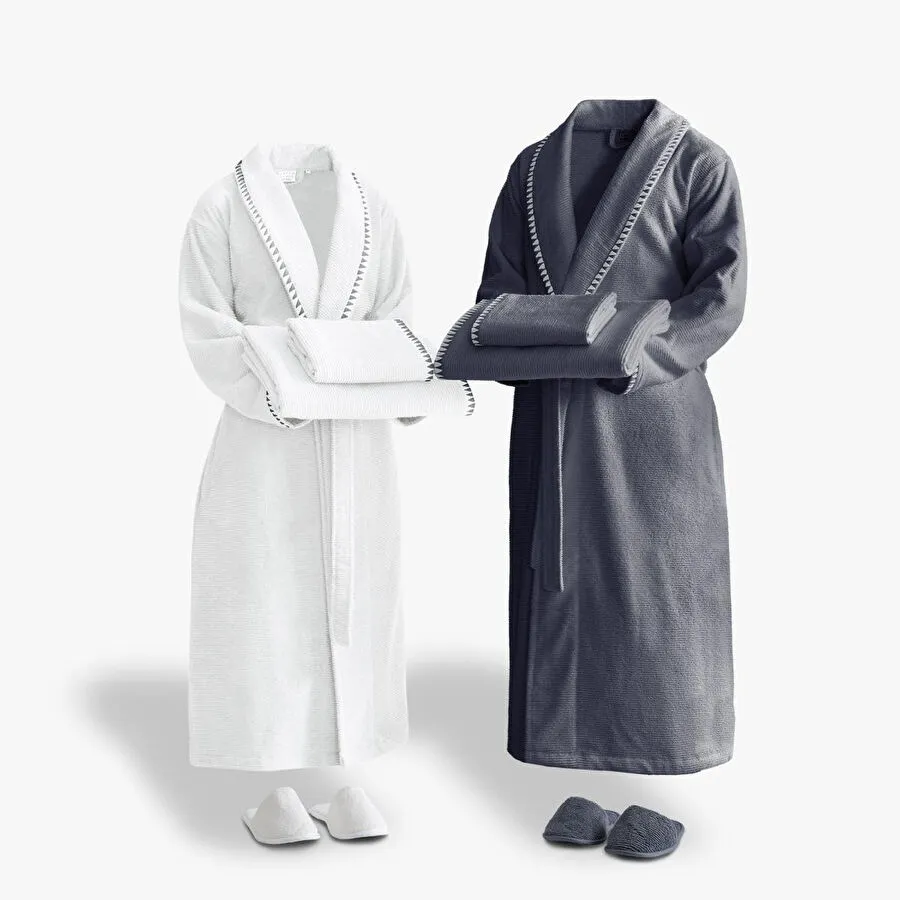 Green Black Tria Aile Bornoz Seti 10 Parça %100 Pamuk Jakarlı Krem-lacivert