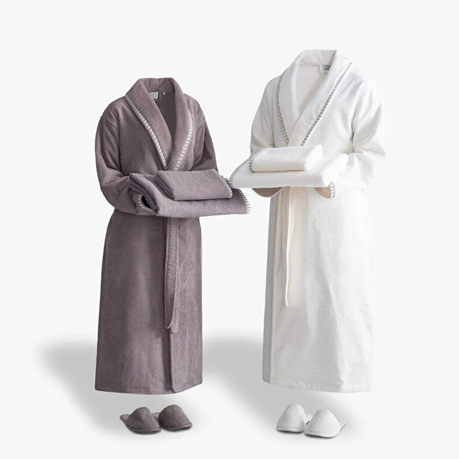 Green Black Tria Aile Bornoz Seti 10 Parça %100 Pamuk Jakarlı Vizon-krem